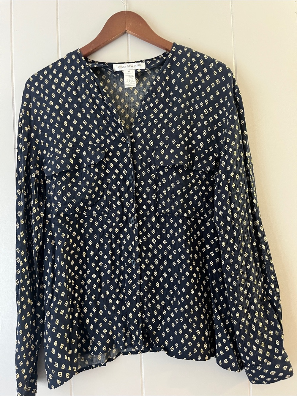 Jones New York Navy Blouse with Cream Diamond Motif